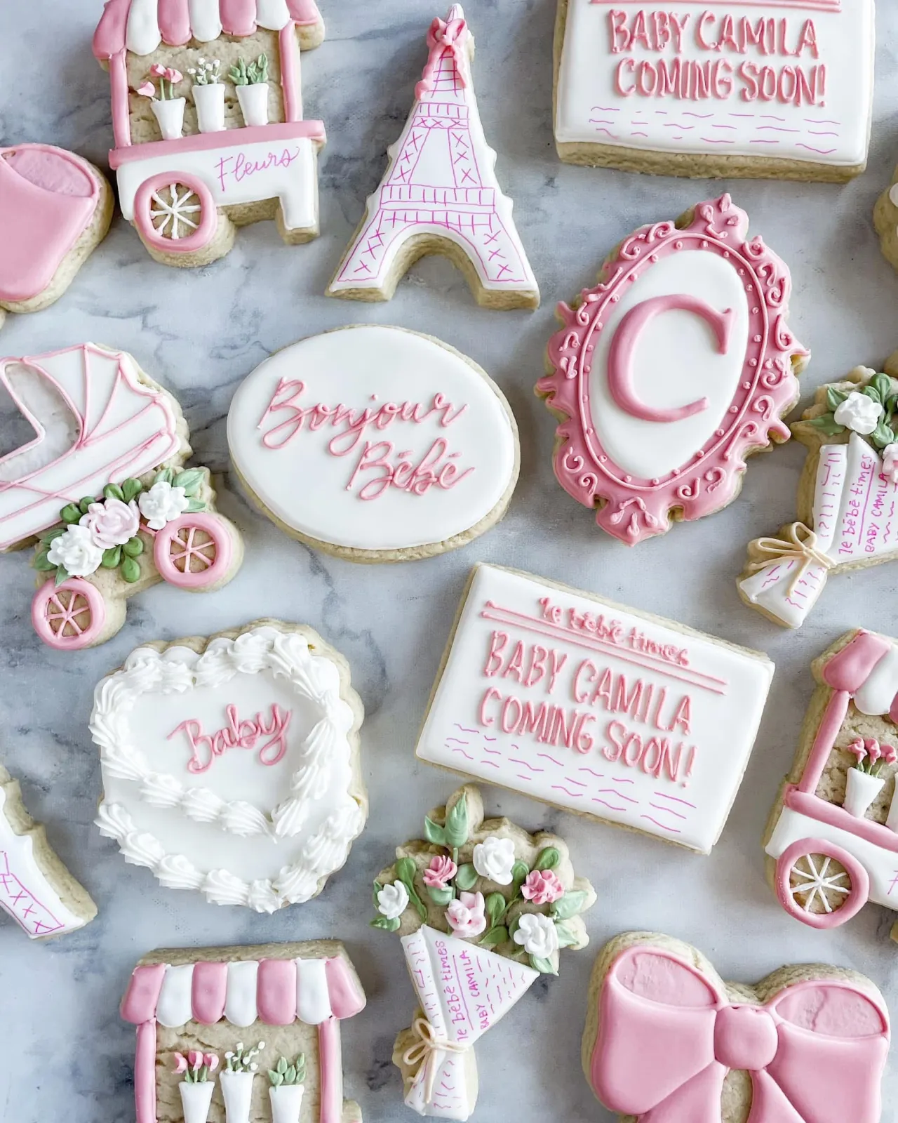 Paris-inspired baby shower decorated cookies